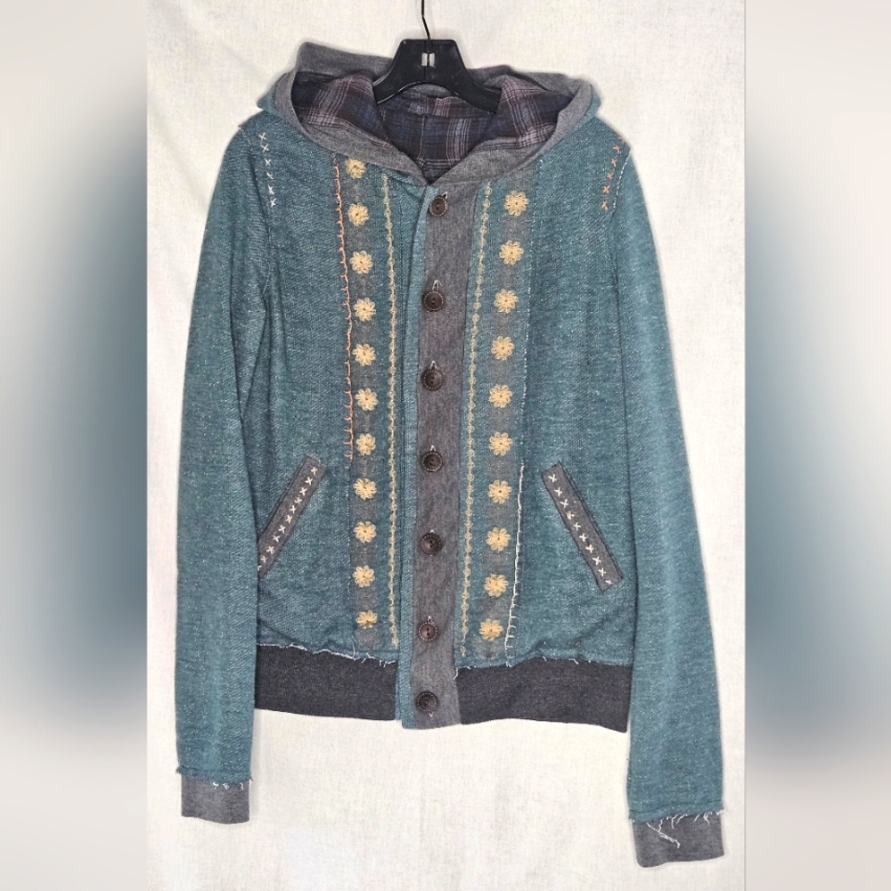 Boho Textured Distressed Flannel Lined Teal Button Up Hoodie Size M